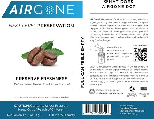 Airgone Argon Gas Flush for Wine, Coffee and Food Preservation - Fresh Port and Airscape Preserver Accessory - Extend Freshness, Protect Taste - Food Grade Inert Gas Argon Spray Canister
