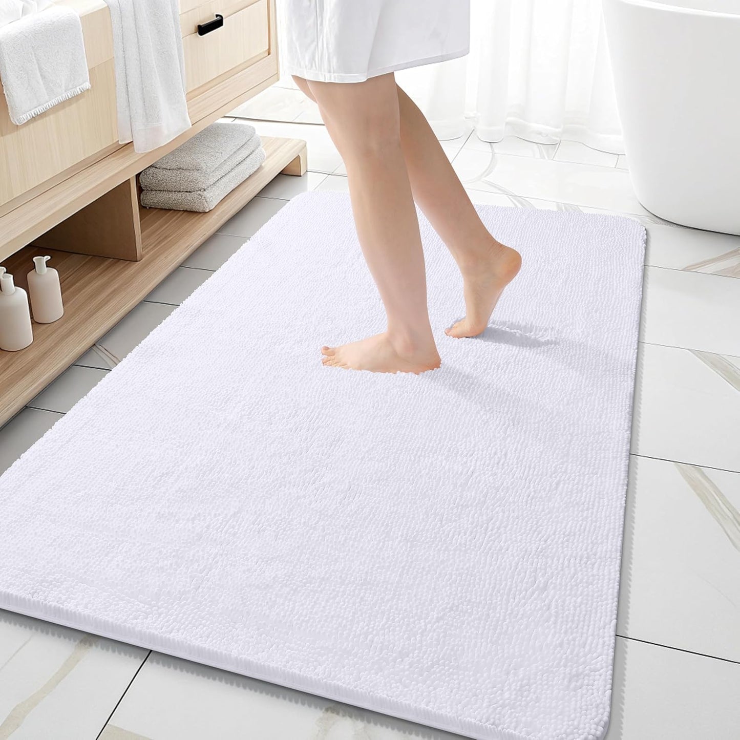 OLANLY Bathroom Rugs - Extra Soft Chenille Bath Mats | 59x35, Quick Dry & Machine Washable, White