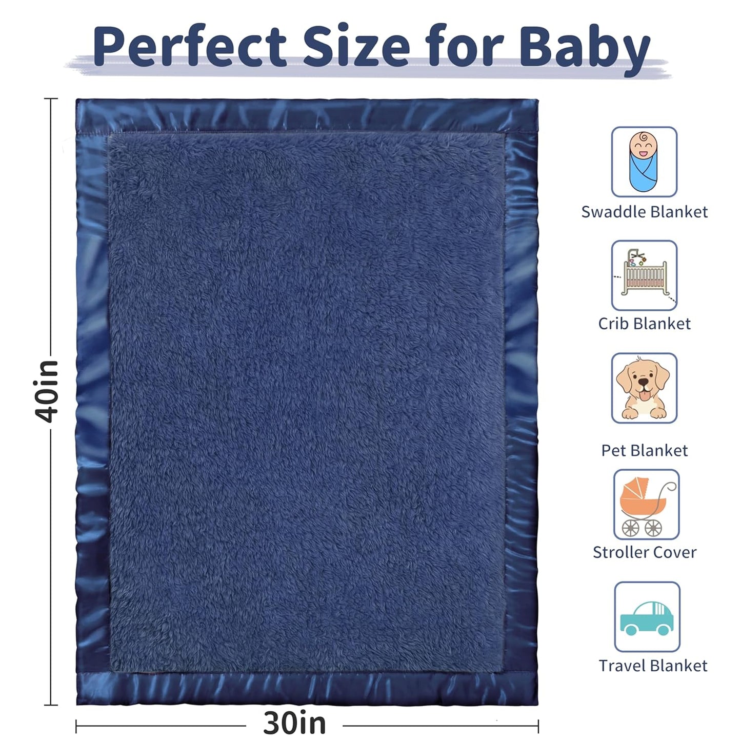 Pro Goleem Baby Boy Blanket - Super Soft Plush Fleece Receiving Blanket with Satin Trim | Cozy 30x40 Inch in Navy Blue