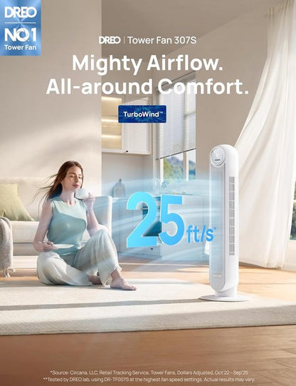DREO Bladeless Tower Fan - Smart 90° Oscillating Floor Fan with 4 Modes, Remote & WiFi Control