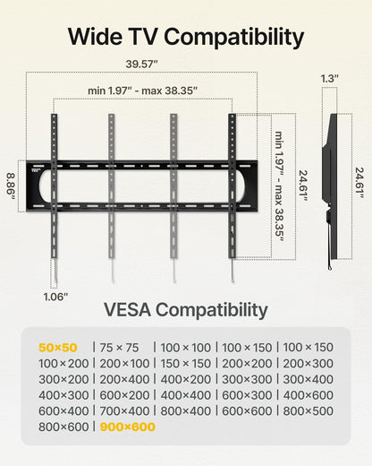 monTEK Heavy Duty Fixed TV Wall Mount Bracket for 60–120" Flat & Curved TVs up to 300lbs, 4× Load Tested, Ultra Slim 1.3" Low Profile, Max VESA 900x600, Quick-Release Lock, Fits 16"/18"/24" Wood Studs