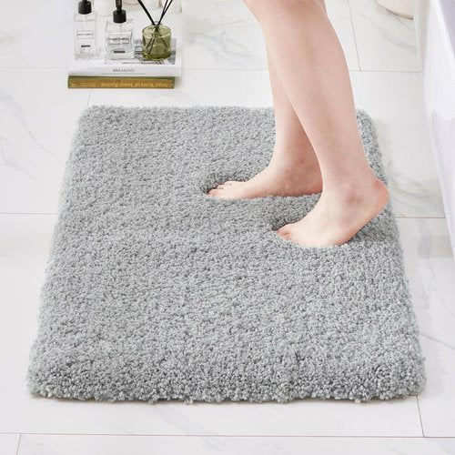 Ruggnovea Bathroom Rugs Non Slip Washable, Ultra Thick Soft Microfiber Absorbent Bath Mats, High Density Foam Latex Non Slip Backing Bath Rugs, Fluffy Floor Carpet for Tub&Shower 24x17, Grey