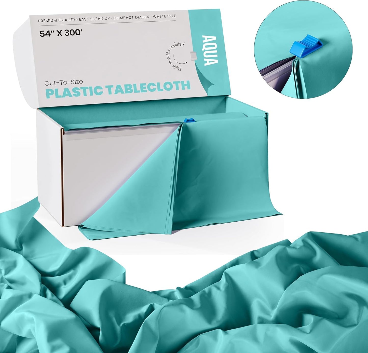 Party Solids Aqua Plastic Table Cover Roll - 54 Inch X 300 Feet with Convenient Slide Cutter