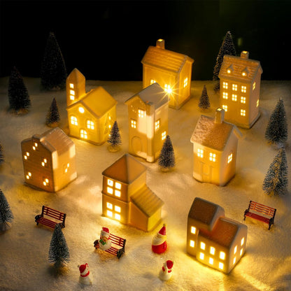 Soaoo 29-Piece Ceramic Christmas Village Set - 8 LED Houses, 12 Trees, 4 Snowmen & Benches | Festive Tabletop Decor