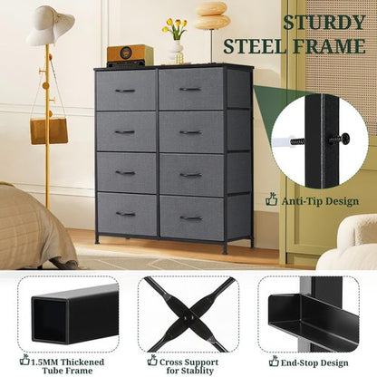 8-Drawer Dresser for Bedroom, Anti-Tip Tall Storage Organizer Chest of Drawers with Wooden Top and Metal Frame Fabric Bins for Closet, Living Room, Hallway, Entryway, Gray