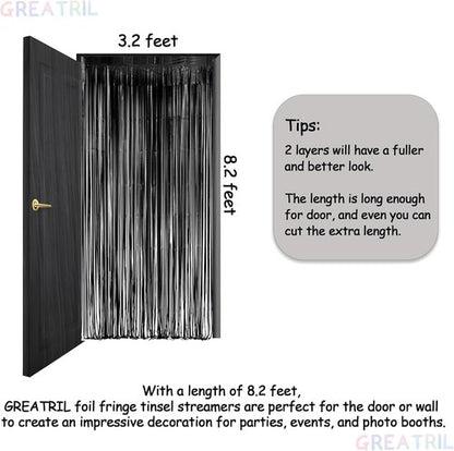 GREATRIL Black Fringe Backdrop - Festive Outdoor Streamers for Holiday Decor | 3.2ft x 8.2ft, 2 Packs