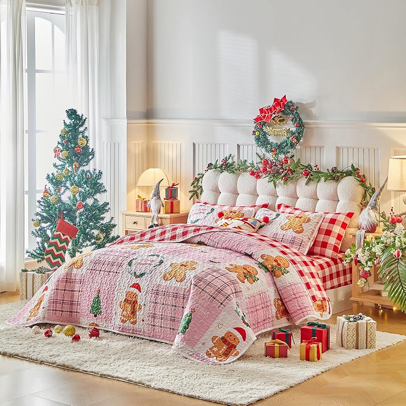 Queen Christmas Quilt Set Pink Plaid Patchwork with Gingerbread Man & Trees - Reversible Gingham Design, 100% Microfiber