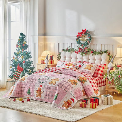 Queen Christmas Quilt Set Pink Plaid Patchwork with Gingerbread Man & Trees - Reversible Gingham Design, 100% Microfiber