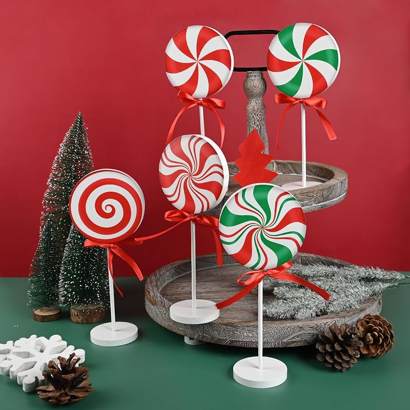 6-Piece Wooden Christmas Candy Cane Sign Set – Farmhouse Tiered Tray Topper Decor