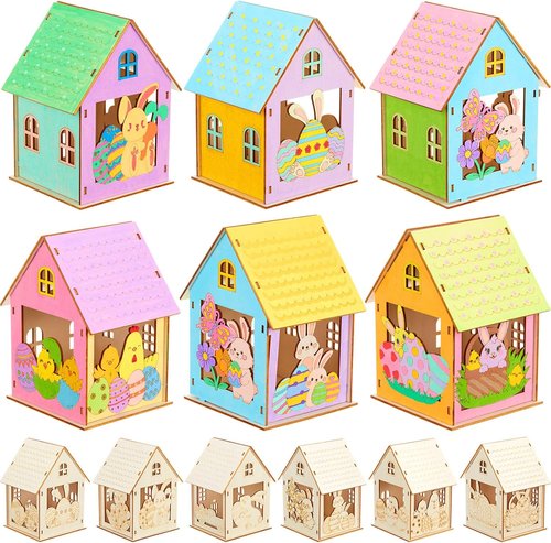 Jenaai Easter Wooden House Craft Set - 24 DIY 3D Bunny Village Decorations for Spring Celebrations
