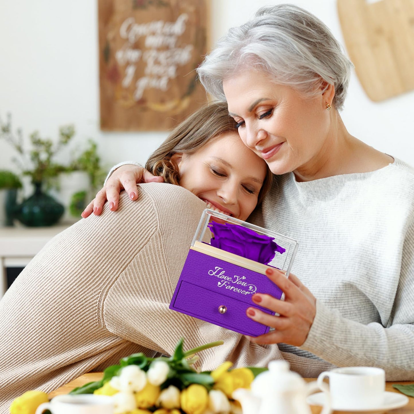 WILDLOVE Forever Real Rose with Heart Necklace, Preserved Flowers Gifts for Mom, Wife and Girlfriend on Christmas, Valentine's Day, Mother's Day, Birthday for Women Her - Purple