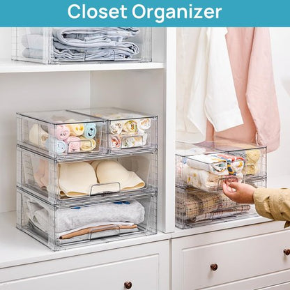 Vtopmart 3 Pack Stackable Storage Drawers, Easily Assemble Acrylic Bathroom Undersink Organizers,Clear Plastic Storage Bins for Closet,Cabinet,Pantry,Medicine Organization