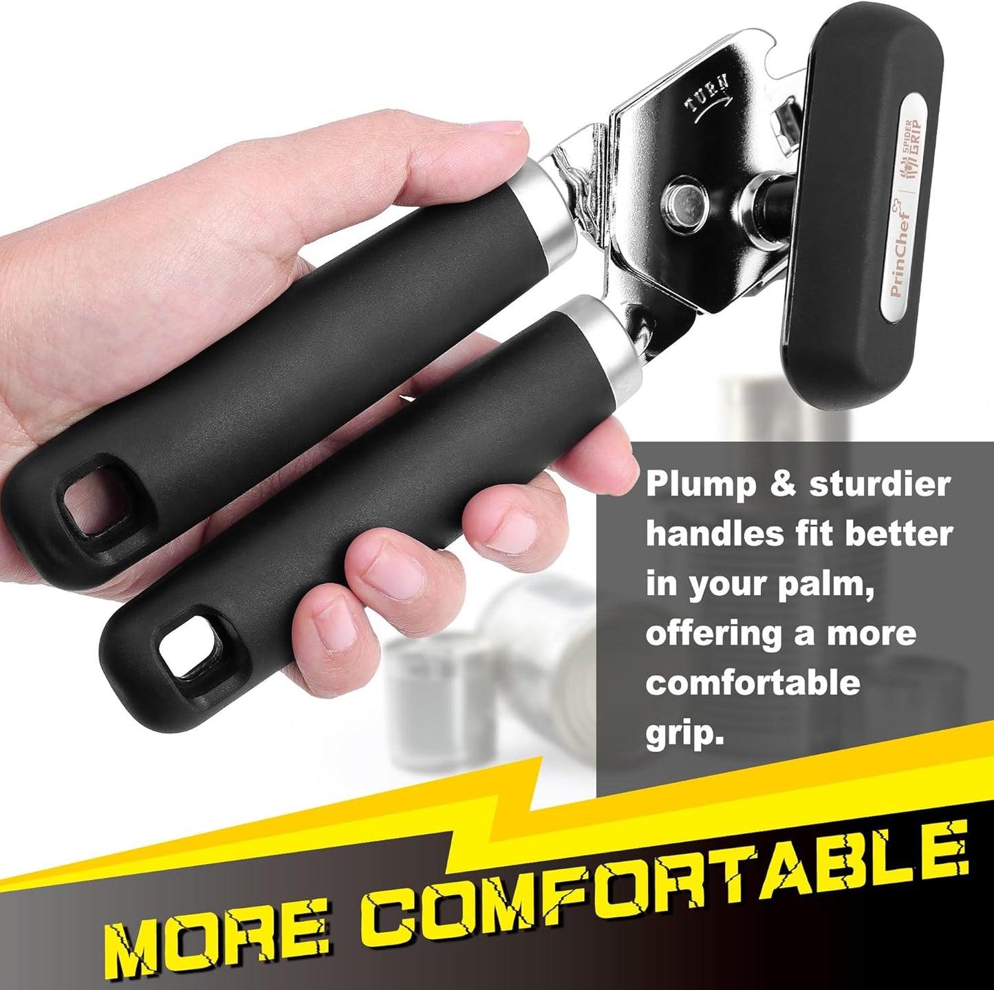 PrinChef Manual Can Opener - Smooth Edge Design for Seniors | Comfortable Grip & Reinforced Gear, Black