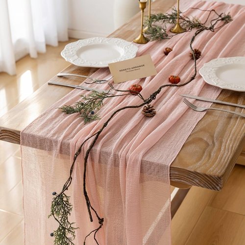 Keketoarrange Pink Cheesecloth Table Runner - 120 Inch Rustic Boho Decor for Weddings & Events