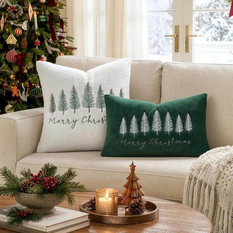 MiULEE Christmas Pillow Covers 18x18 Set of 2 — White & Green Tree Embroidered