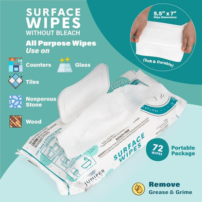 Juniper CLEAN 24 Pack Surface Cleaning Wipes Bleach Free, All-Purpose Cleaner for Bathroom, Kitchen, Office, 1728 Count Soft Flow, Fresh Scent, Bleach Free, Lint Free, Durable