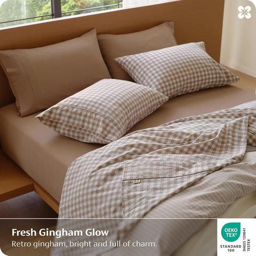 Bedsure 100% Washed Cotton Percale Queen Sheets - Breathable Gingham 6-Piece Set with 18" Deep Pockets (Brown)