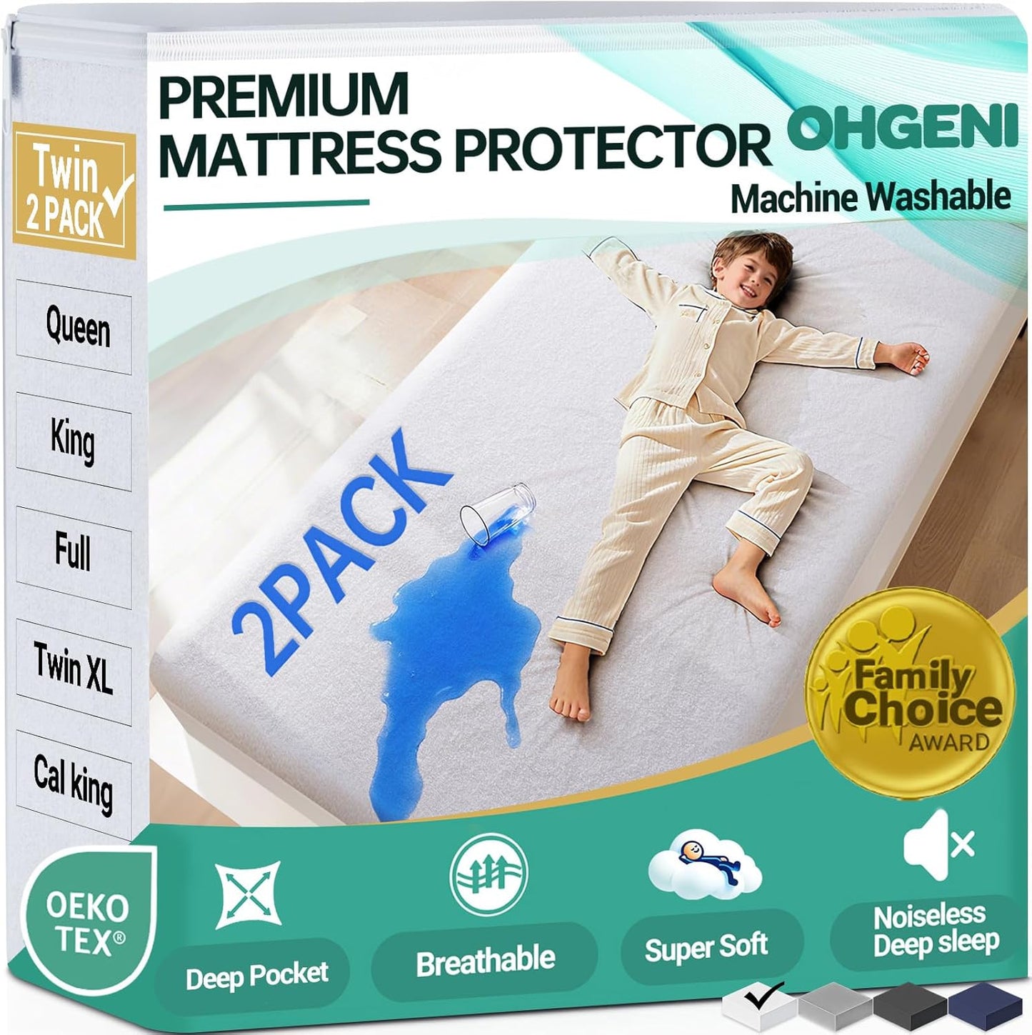 OhGeni Waterproof Mattress Protector - Twin Size Fitted Sheet, Hypoallergenic & Noiseless, 2 Pack
