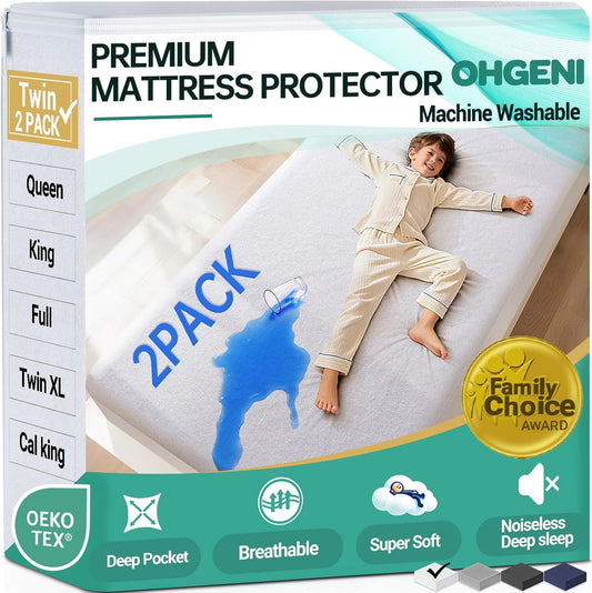 OhGeni Waterproof Mattress Protector - Twin Size Fitted Sheet, Hypoallergenic & Noiseless, 2 Pack