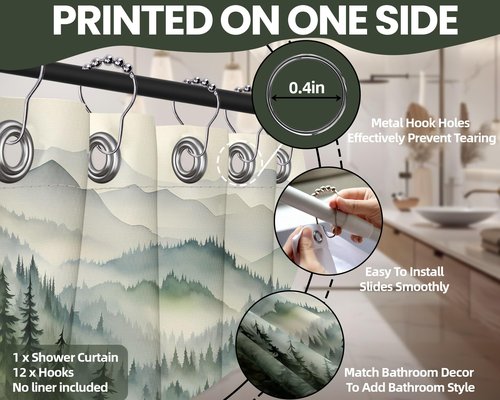 QGHOT Mountain Shower Curtain Green Forest Nature Shower Curtains for Bathroom Rustic Woodland Pine Tree Landscape Bath Decor Sets, Waterproof Polyester Fabric with Hooks, 70x72in