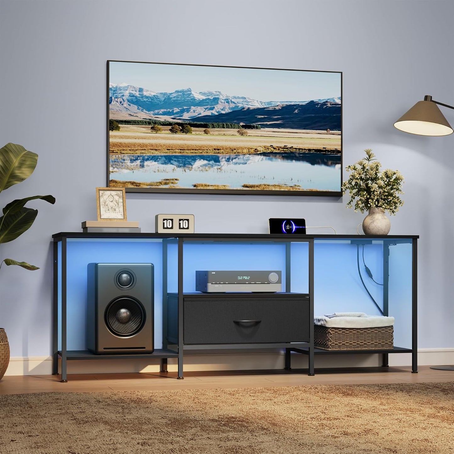 SONGMICS TV Stand - Modern Media Console for TVs Up to 70 Inches | Ink Black with Shelves & Drawer