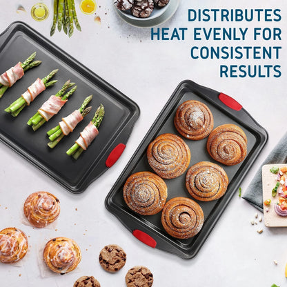 Skiennix Baking Sheet Set - 2-Piece Nonstick Cookie Sheets with Silicone Handles | BPA-Free Steel Pans