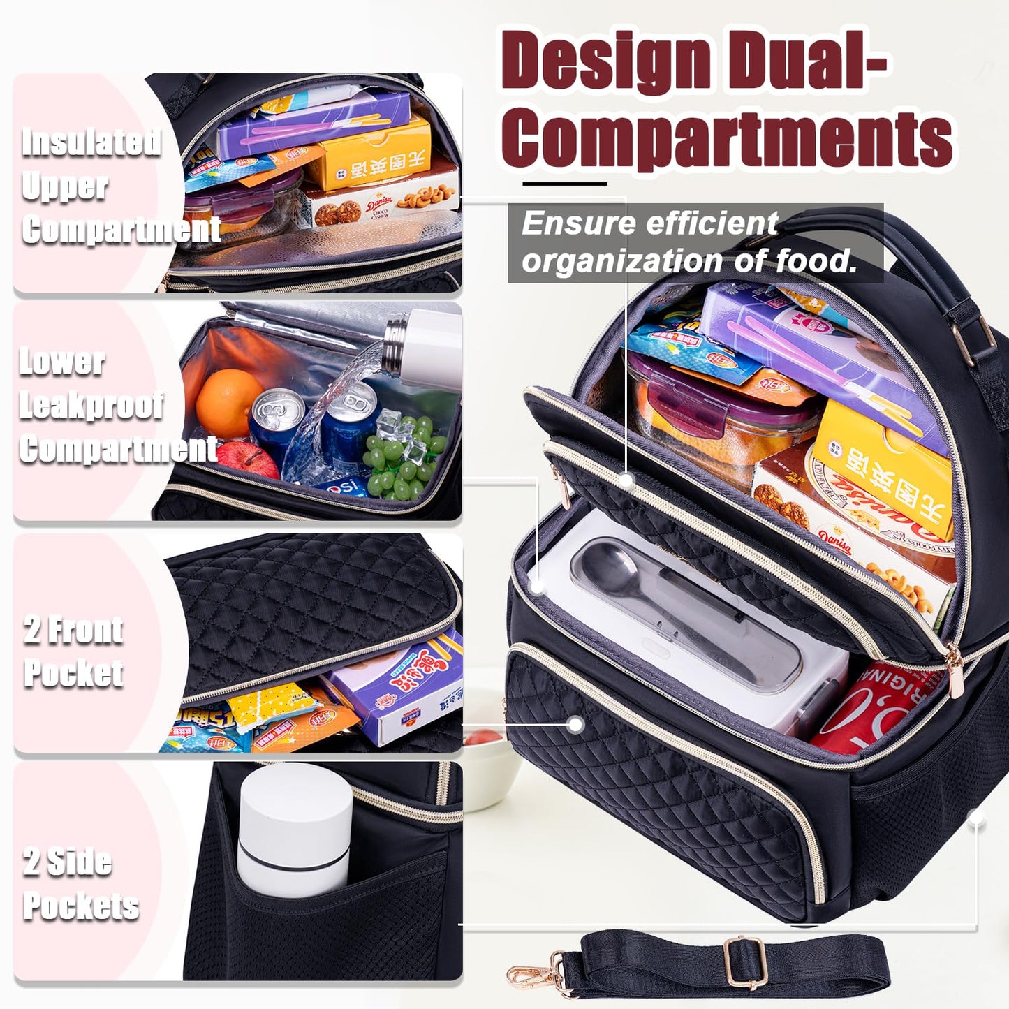 Weitars Lunch Bag for Women,Dual Compartment Lunch Box for Women Lunch Tote for Work,Insulated Leakproof Large Lunchbox Lunch Cooler for Adult for Men, Women, Lunchbag for Hiking,Picnic,Beach