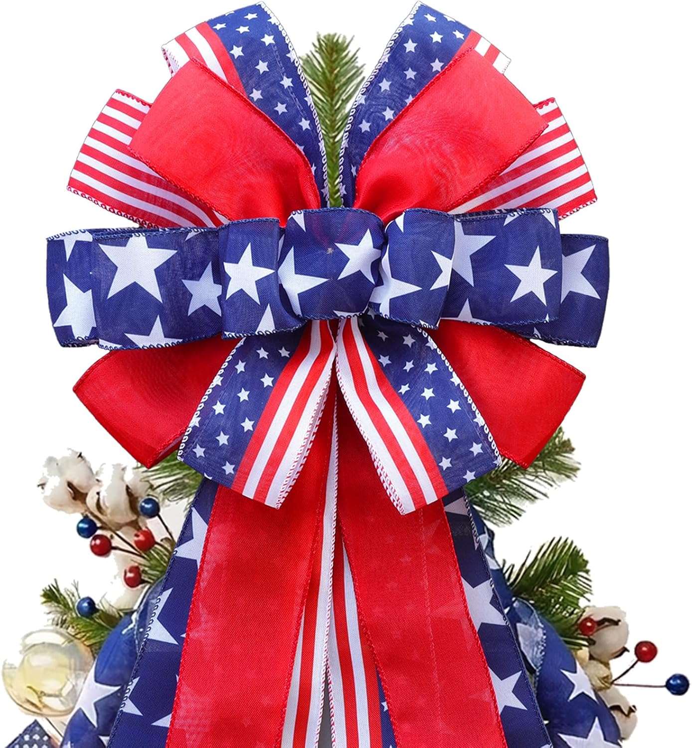 Skiennix Large 4th of July Tree Topper Bow - Pre-Tied Patriotic Ribbon for Wreaths | 52x13 Inch Red, Blue, White