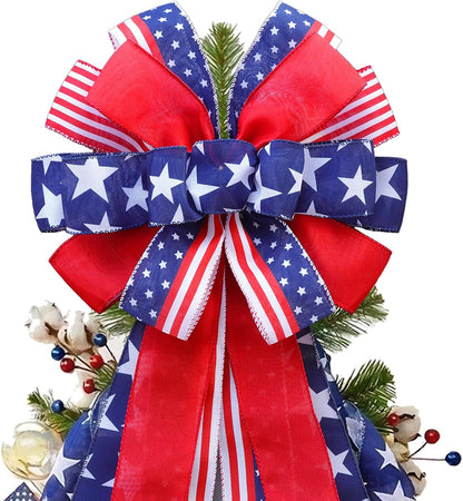 Skiennix Large 4th of July Tree Topper Bow - Pre-Tied Patriotic Ribbon for Wreaths | 52x13 Inch Red, Blue, White
