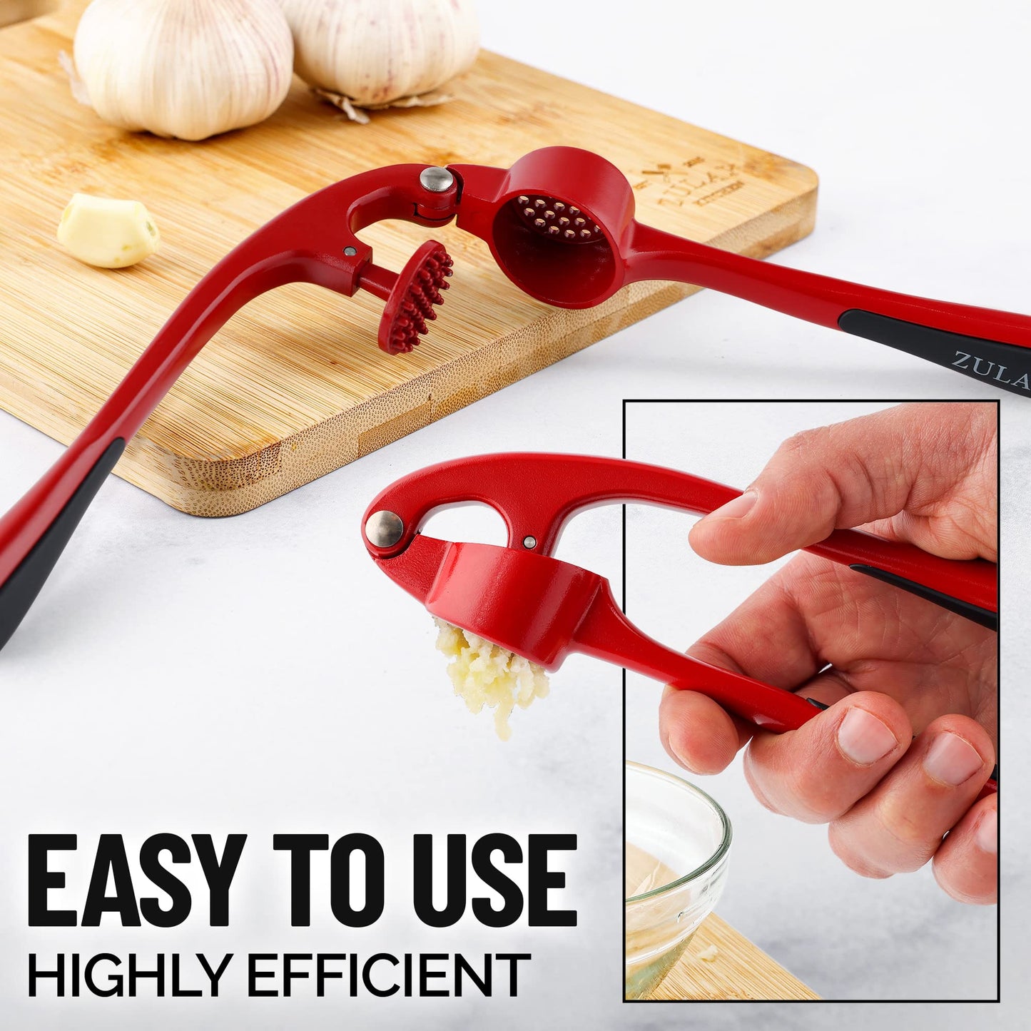 Zulay Kitchen Premium Garlic Press Set - Rust Proof & Dishwasher Safe Professional Garlic Mincer Tool - Easy-Squeeze, Easy-Clean with Soft, Ergonomic Handle - Silicone Garlic Peeler & Brush (Red)