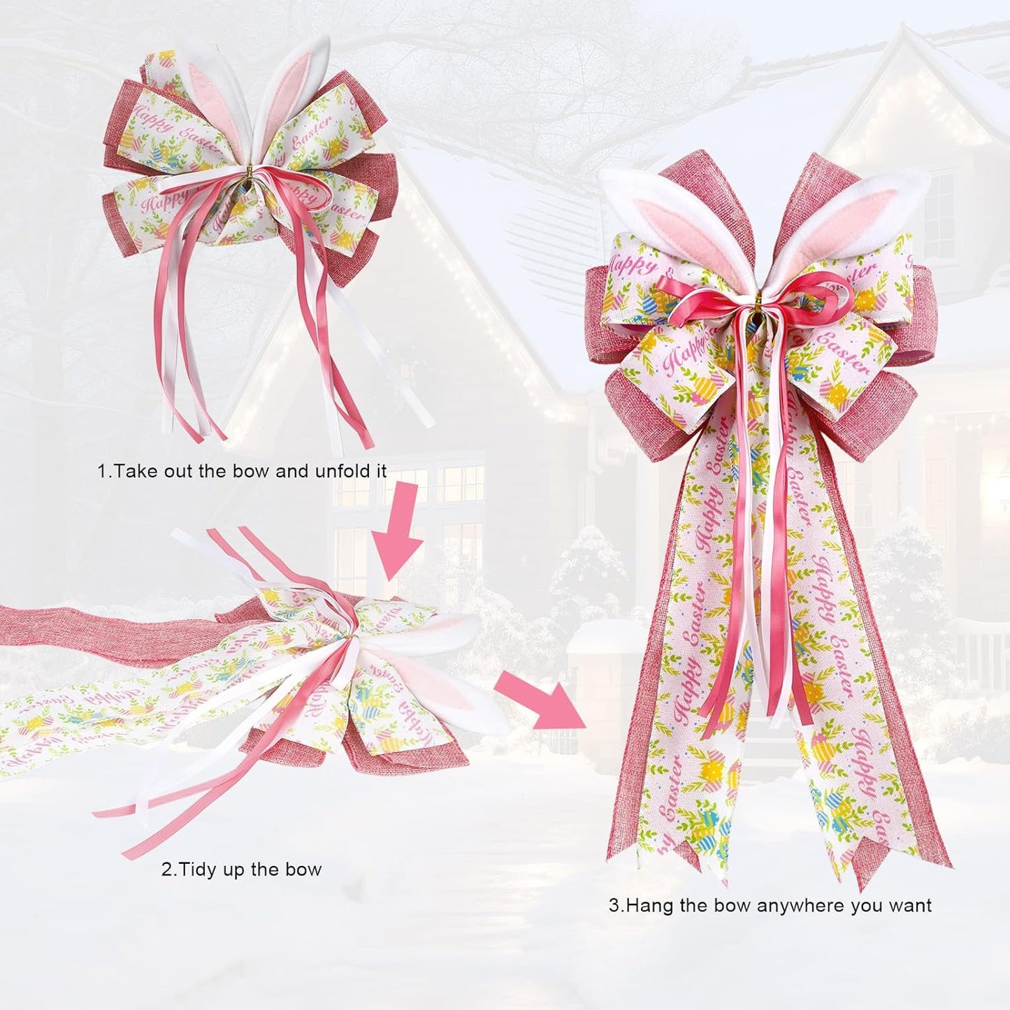 Skiennix Easter Bunny Ear Bows - Large 11"x20" Pink Burlap Decorative Bow for Spring Holiday Decor