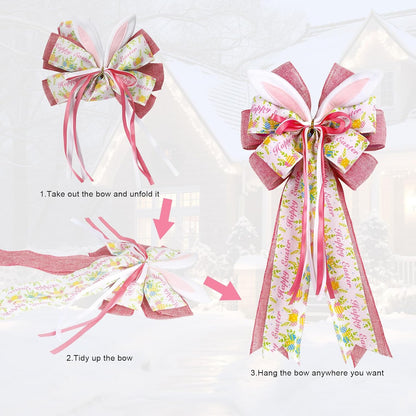 Skiennix Easter Bunny Ear Bows - Large 11"x20" Pink Burlap Decorative Bow for Spring Holiday Decor