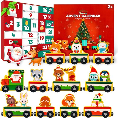 Commodum Christmas Advent Calendar - Magnetic Wooden Animals Train Set for Kids | 24 Days of Fun Holiday Surprises