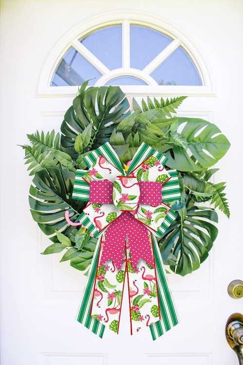 Hying Summer Wreath Bows - Large Pink Burlap & Green Stripes | Flamingo Farmhouse Decor