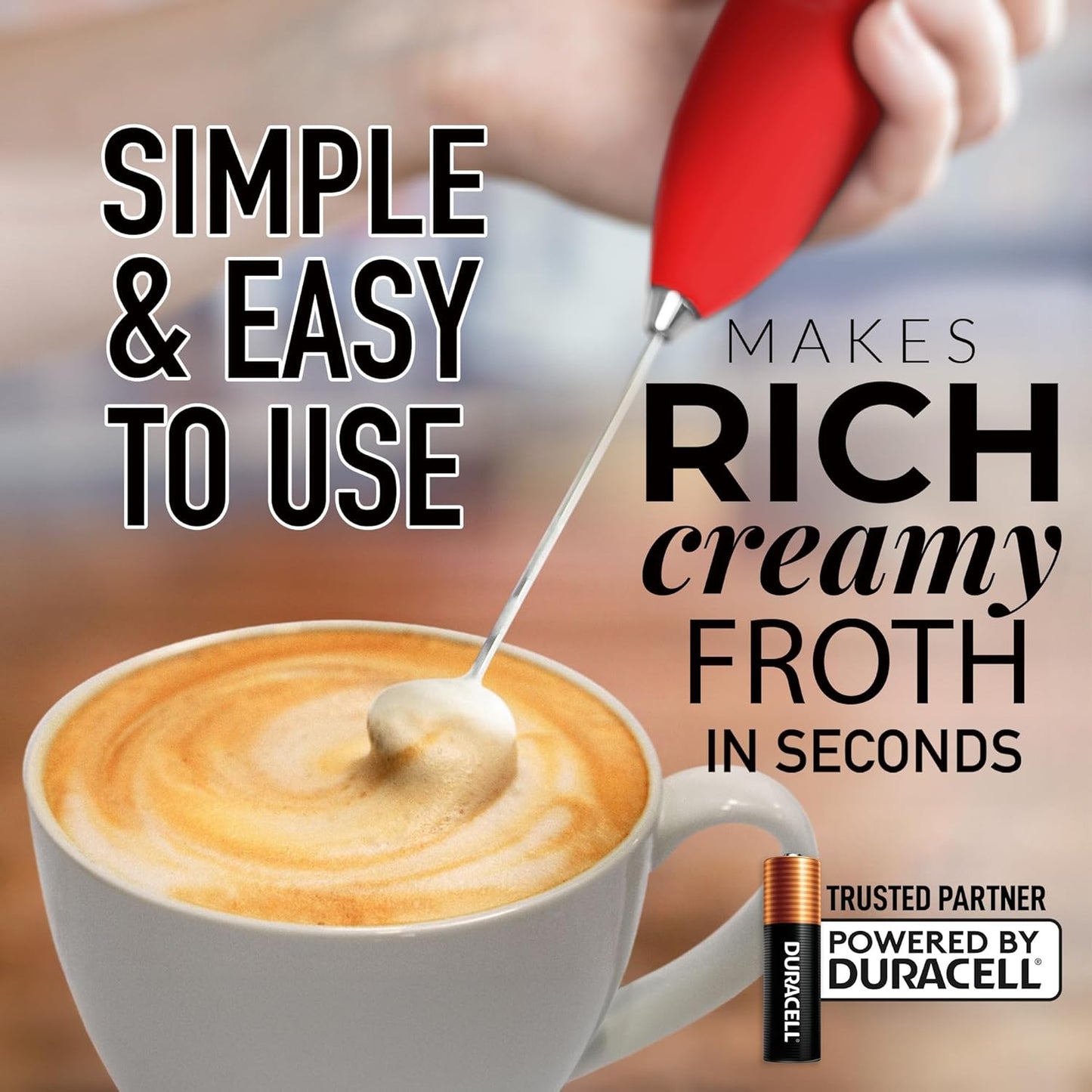 Zulay Kitchen Milk Frother Handheld Electric Whisk with AA Duracell Batteries – Durable Drink Mixer for Coffee, Lattes, Cappuccinos & More - Red