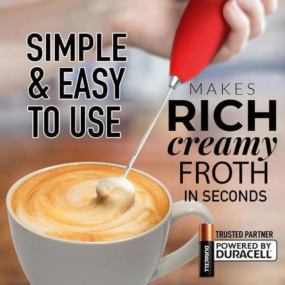 Zulay Kitchen Milk Frother Handheld Electric Whisk with AA Duracell Batteries – Durable Drink Mixer for Coffee, Lattes, Cappuccinos & More - Red