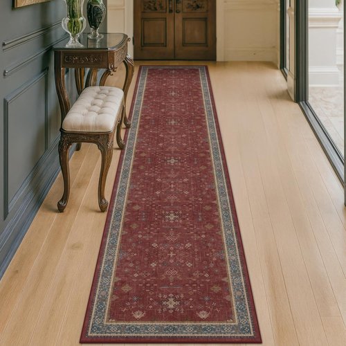 Hazo Haus Non-Slip 10ft Long Hallway Runner Rug - Burgundy Washable & Waterproof 2x10 Kitchen Mat | Oriental Turkish Design