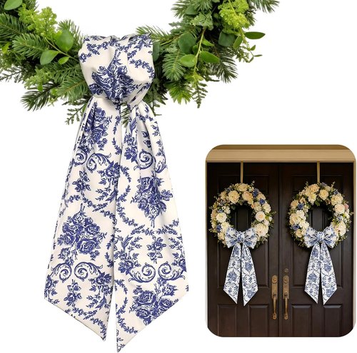 AZYM Wreath Sash Set - Beautiful Blue Flower Ribbon for Front Door & Indoor/Outdoor Decor