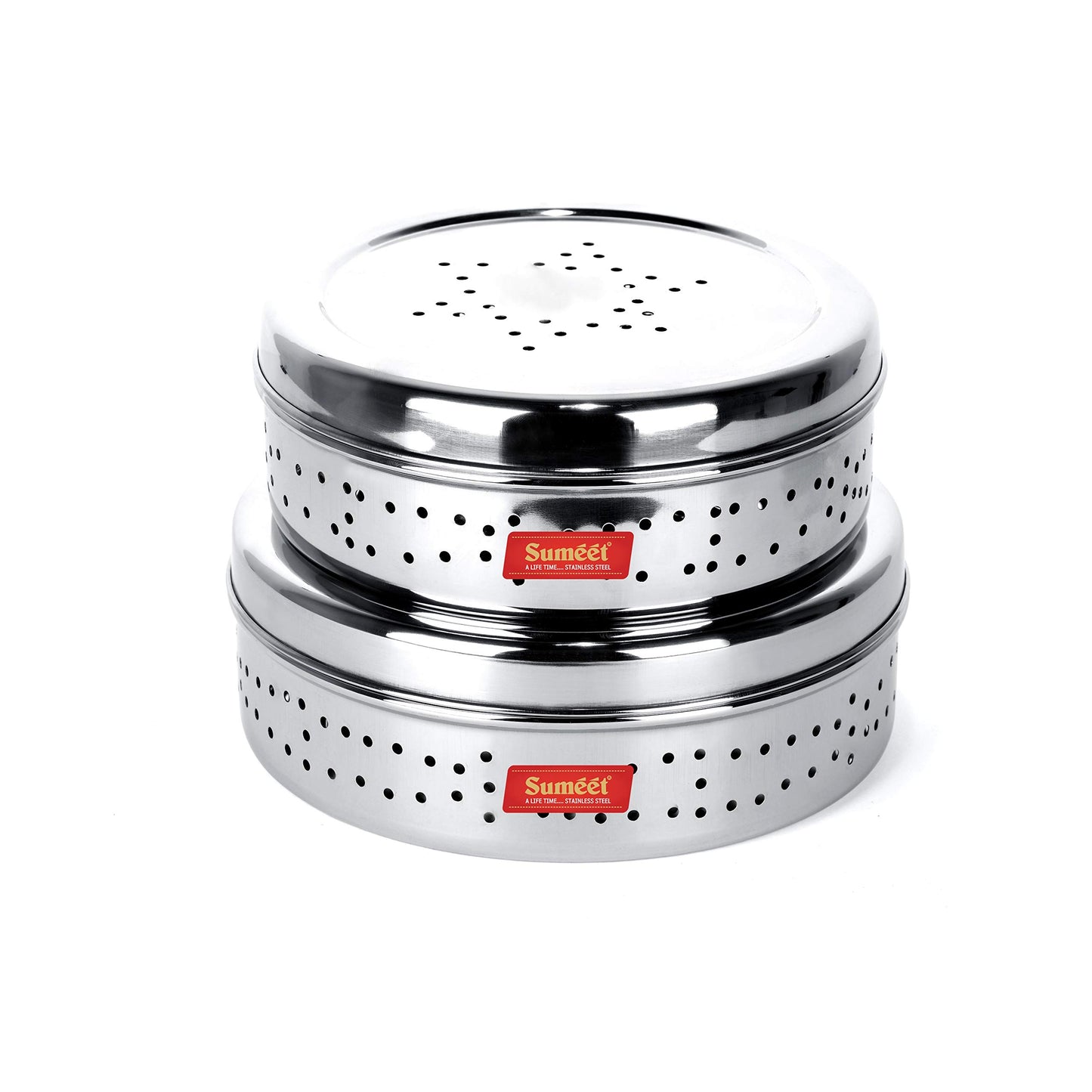 Sumeet Stainless Steel Hole Puri Dabbas/Flat Canisters with Air Ventilation Set of 2, Size No.10-17cm Dia, No.11-18.5cm Dia