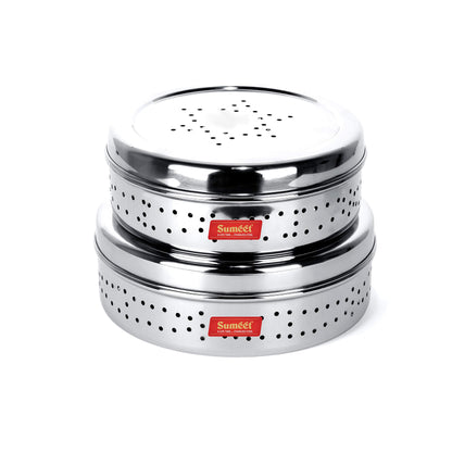 Sumeet Stainless Steel Hole Puri Dabbas/Flat Canisters with Air Ventilation Set of 2, Size No.10-17cm Dia, No.11-18.5cm Dia