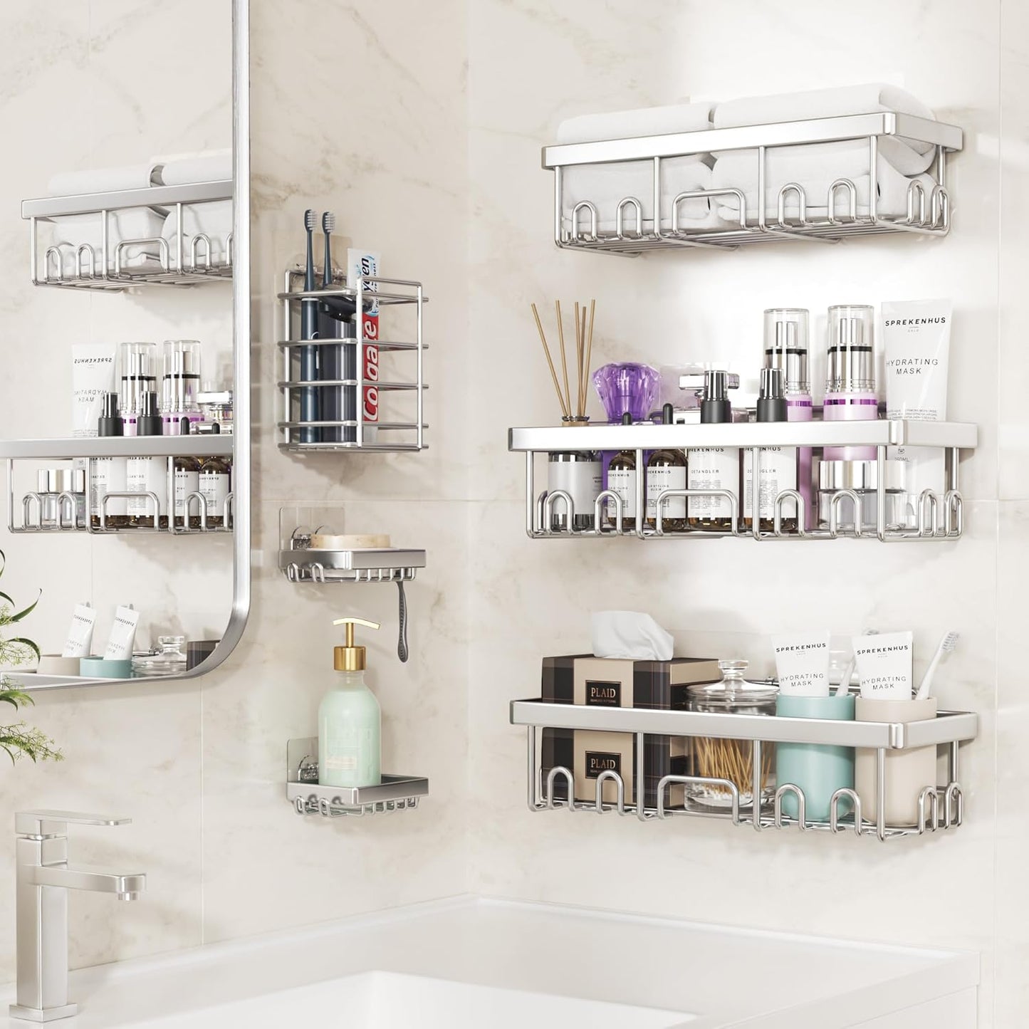 Veken Shower Caddy - Large Wall Mounted Organizer with Soap Dish & Toothbrush Holder | Silver 6-Pack