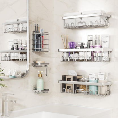 Veken Shower Caddy - Large Wall Mounted Organizer with Soap Dish & Toothbrush Holder | Silver 6-Pack