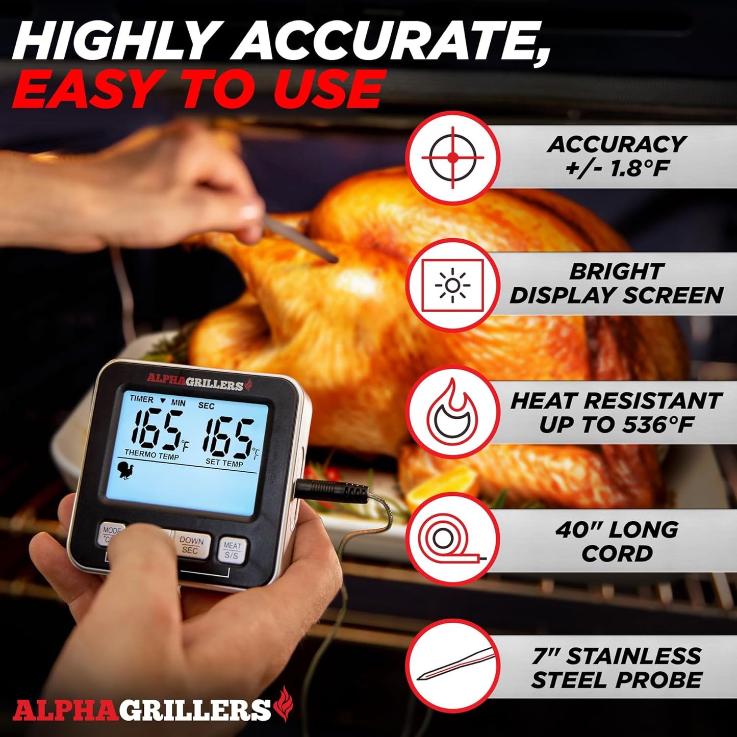 Alpha Grillers Digital Meat Thermometer - Accurate Cooking & Grilling Tool with 7 Preset Alerts | Stainless Steel Probe