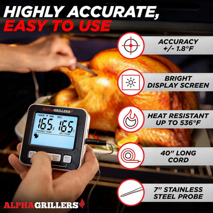 Alpha Grillers Digital Meat Thermometer - Accurate Cooking & Grilling Tool with 7 Preset Alerts | Stainless Steel Probe
