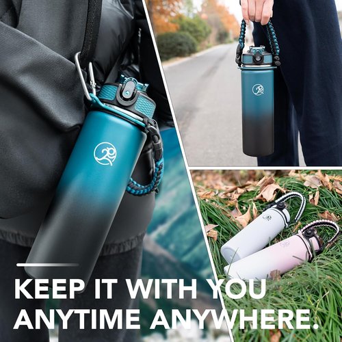 GOSWAG Insulated Sports Water Bottle - 24oz Stainless Steel with 2 Lids & Paracord Handle