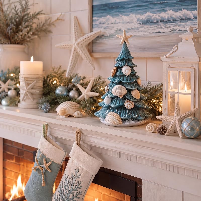Coastal Christmas Tree Decor - 7.9'' Seashell Resin Tabletop Holiday Figurine