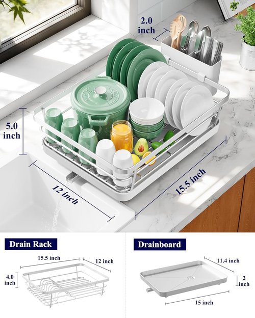 Kitsure Dish Drying Rack - Stainless Steel Kitchen Counter Organizer with Cutlery Holder | 12"W x 15.5"L, Silver Grey