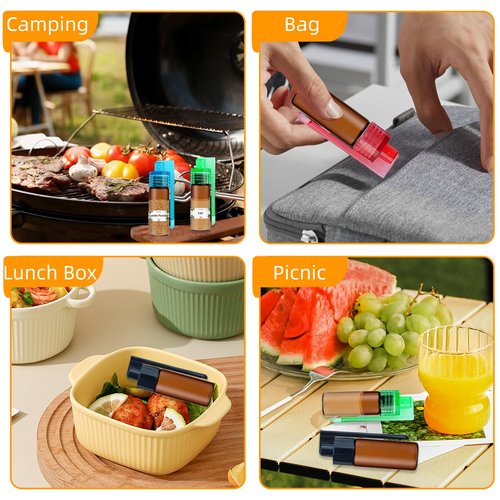 6-Pack Mini Brown Glass Salt & Pepper Shakers with Built-In Spoon, funnel and Sticker, 5ml Leak-Proof Travel Spice Dispensers for Outdoor & Camping