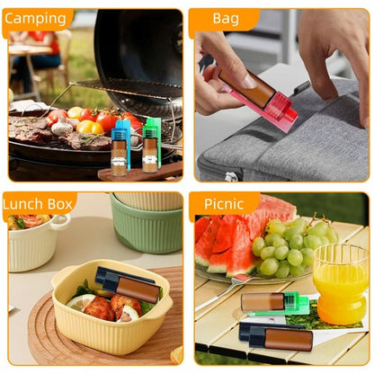 6-Pack Mini Brown Glass Salt & Pepper Shakers with Built-In Spoon, funnel and Sticker, 5ml Leak-Proof Travel Spice Dispensers for Outdoor & Camping