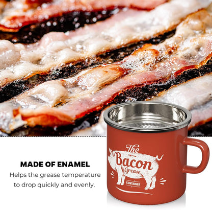 PGYARD Mini Bacon Grease Container - 15oz Enamel Strainer for Kitchen Fat Storage | Dishwasher Safe - Red